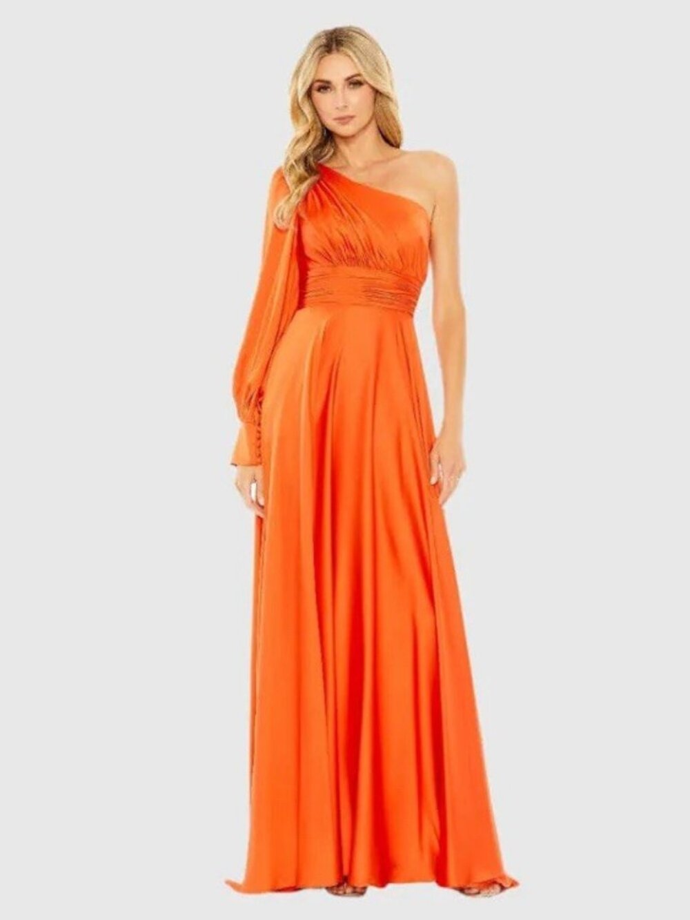 Mac Duggal Size 4 Orange 67866 One-Shoulder Long Sleeve Satin Gown Dress Prom